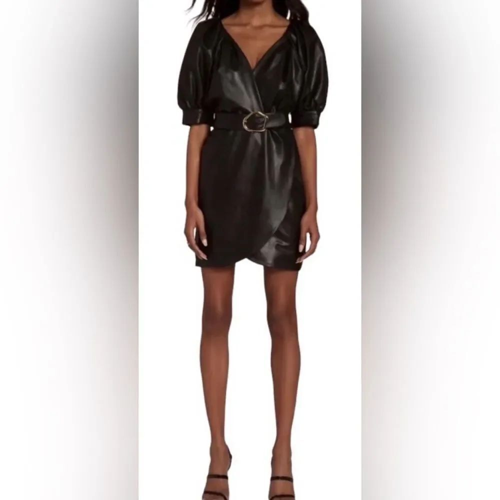 Amanda Uprichard Durand Black Faux Leather Wrap Mini Dress size S